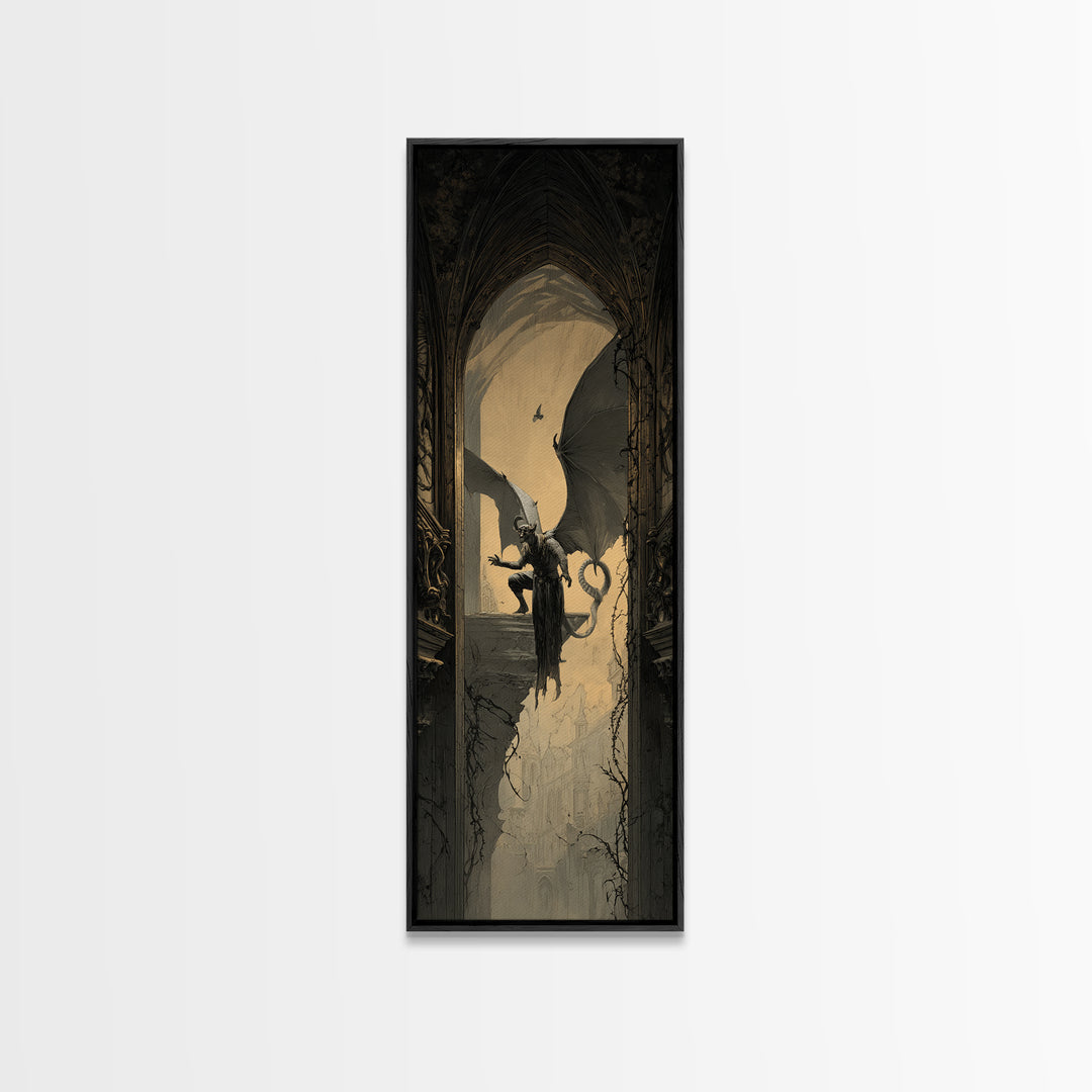 The Gargoyle Sentinel, Tall Narrow Wall Art, Dark Halloween Decor, Canvas Print, Halloween Wall Decor, Gothic Home Decor, Dark Fantasy Art