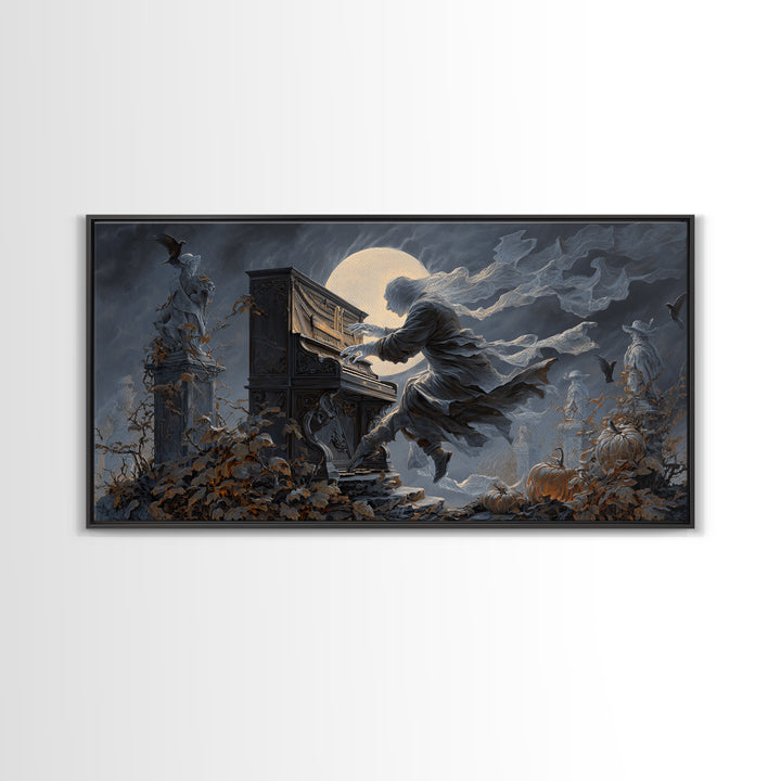 The Phantom Organist, Wide Panoramic Art, Haunted Gothic Art, Framed Canvas Print, Halloween Wall Decor, Gothic Home Decor
