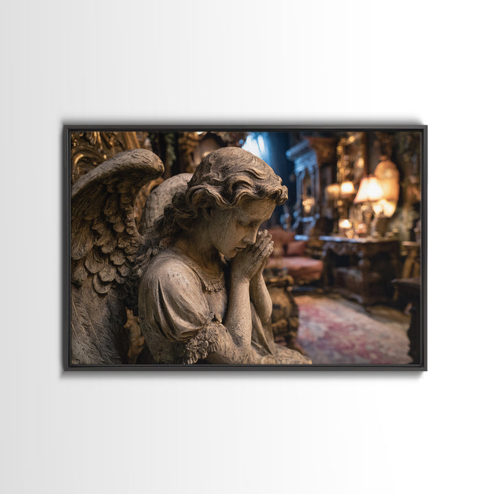 The Weeping Cemetery Angel, Landscape Wall Art, Haunted Gothic Art, Framed Canvas Print, Halloween Wall Decor, Gothic Home Decor