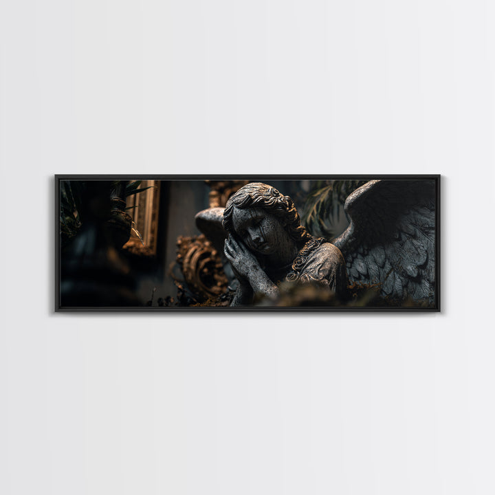 The Weeping Cemetery Angel, Extra Wide Wall Art, Macabre Wall Art, Framed Canvas Print, Halloween Wall Decor, Gothic Home Decor