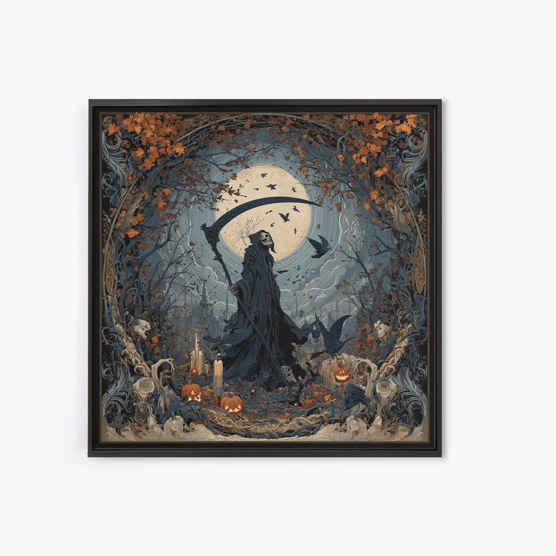 The Fog-Bound Reaper, Square Wall Art, Macabre Wall Art, Framed Canvas Print, Halloween Wall Decor, Gothic Home Decor, Horror Wall Art