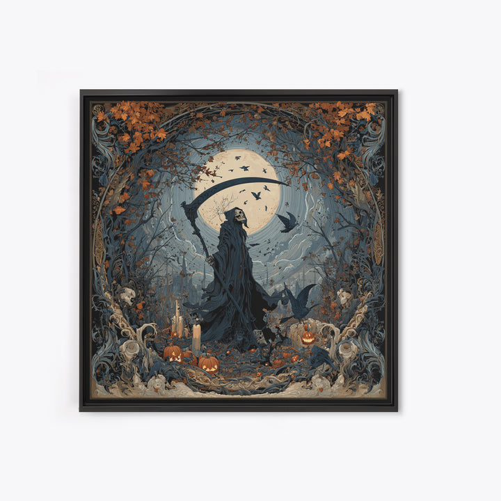 The Fog-Bound Reaper, Square Wall Art, Macabre Wall Art, Framed Canvas Print, Halloween Wall Decor, Gothic Home Decor, Horror Wall Art