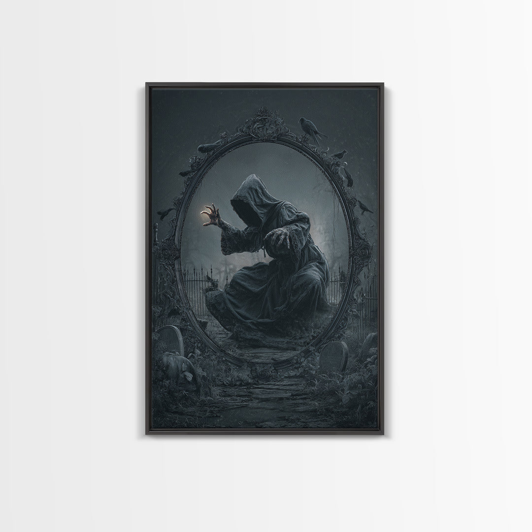 The Mirror Spirit, Vertical Wall Art, Gothic Horror Wall Art, Framed Canvas Print, Halloween Wall Decor, Gothic Home Decor, Macabre Wall Art