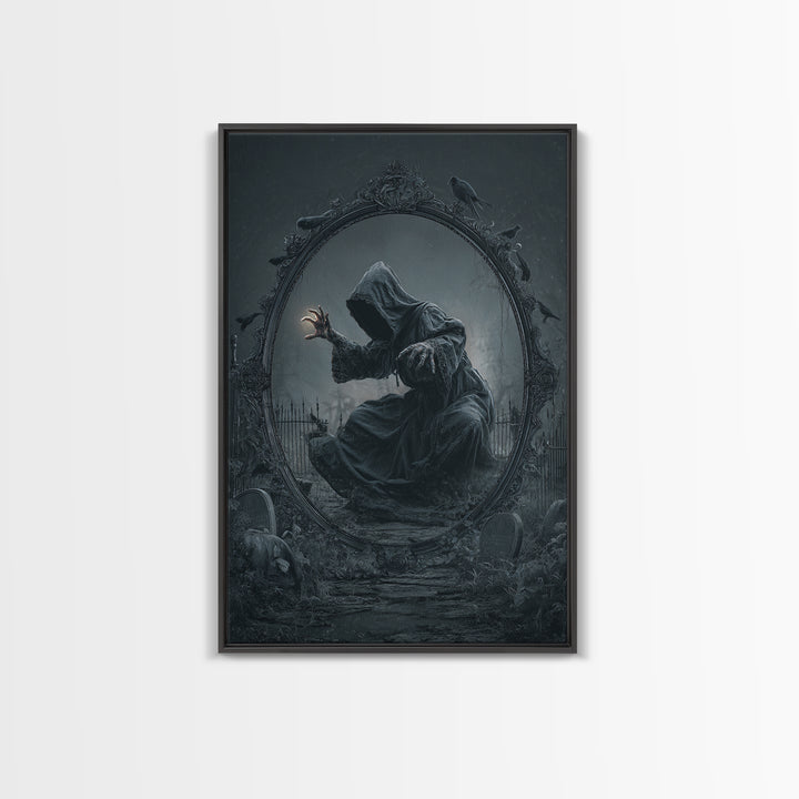 The Mirror Spirit, Vertical Wall Art, Gothic Horror Wall Art, Framed Canvas Print, Halloween Wall Decor, Gothic Home Decor, Macabre Wall Art