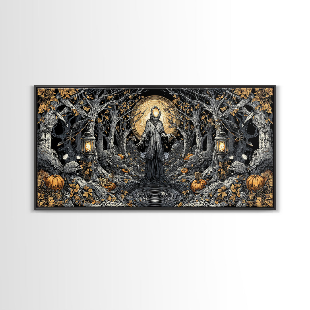 The Lantern Specter, Wide Panoramic Art, Gothic Horror Wall Art, Framed Canvas Print, Halloween Wall Decor, Gothic Home Decor