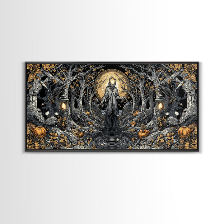 The Lantern Specter, Wide Panoramic Art, Gothic Horror Wall Art, Framed Canvas Print, Halloween Wall Decor, Gothic Home Decor