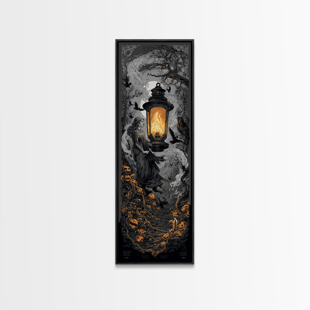 The Lantern Specter, Tall Narrow Wall Art, Haunted Gothic Art, Framed Canvas Print, Halloween Wall Decor, Gothic Home Decor
