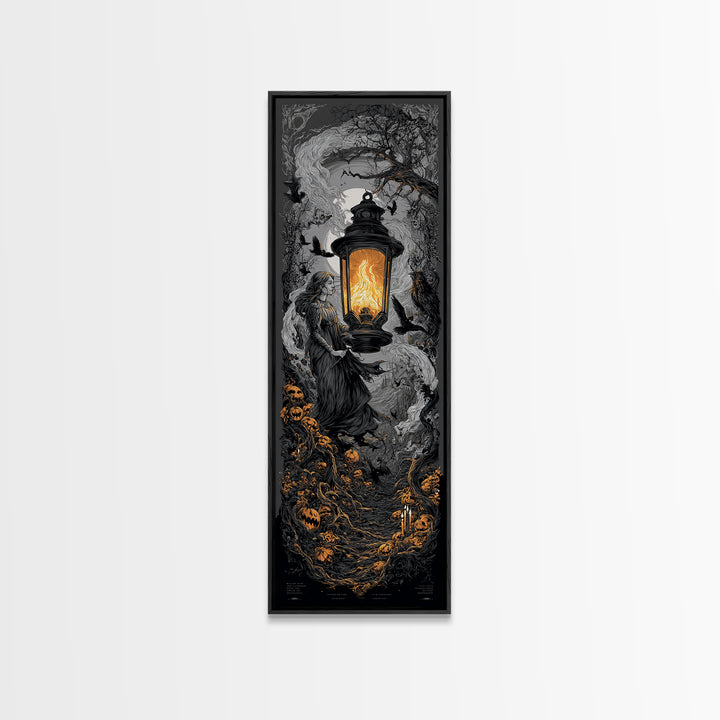 The Lantern Specter, Tall Narrow Wall Art, Haunted Gothic Art, Framed Canvas Print, Halloween Wall Decor, Gothic Home Decor
