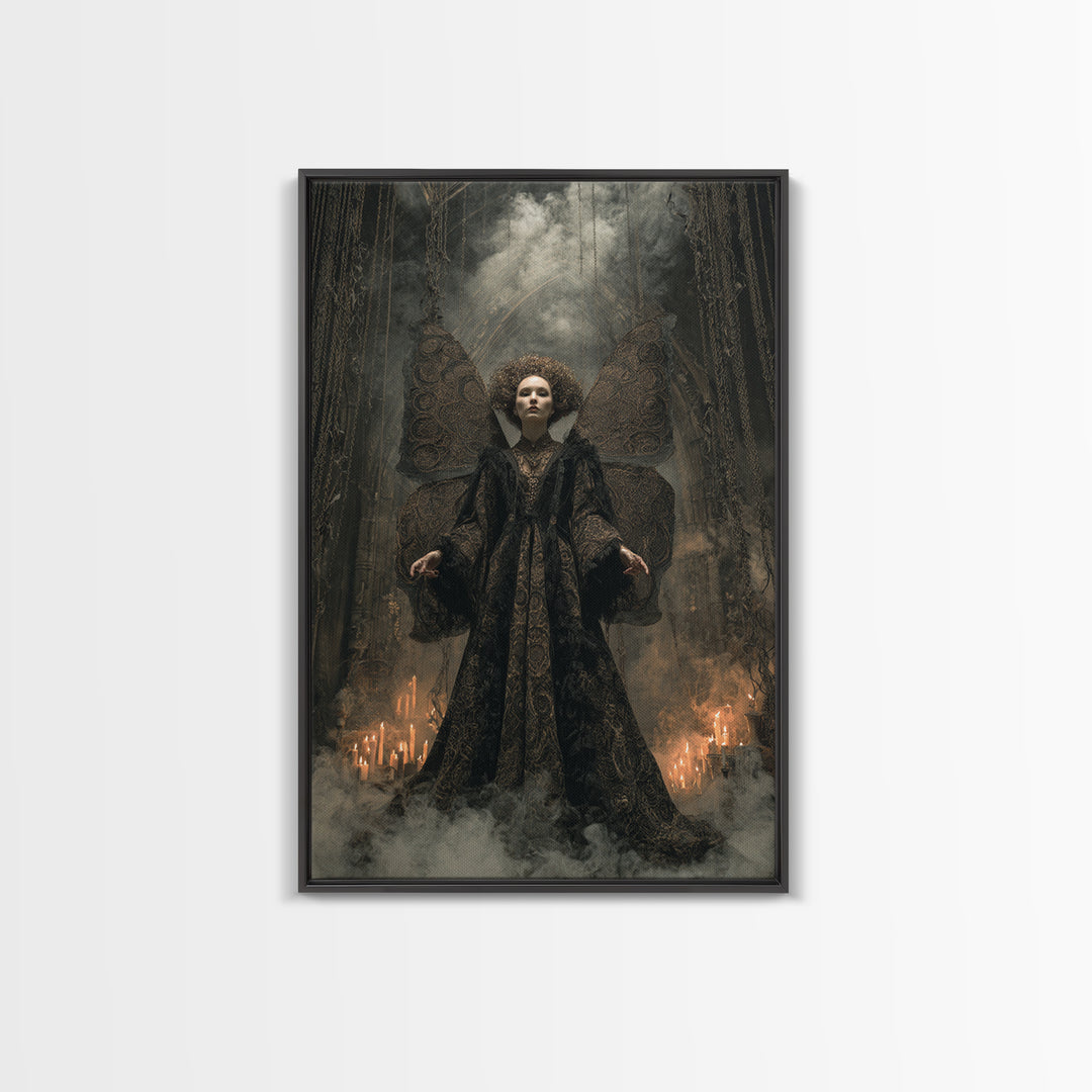 The Velvet Moth Witch, Vertical Wall Art, Macabre Wall Art, Framed Canvas Print, Halloween Wall Decor, Gothic Home Decor, Halloween Decor