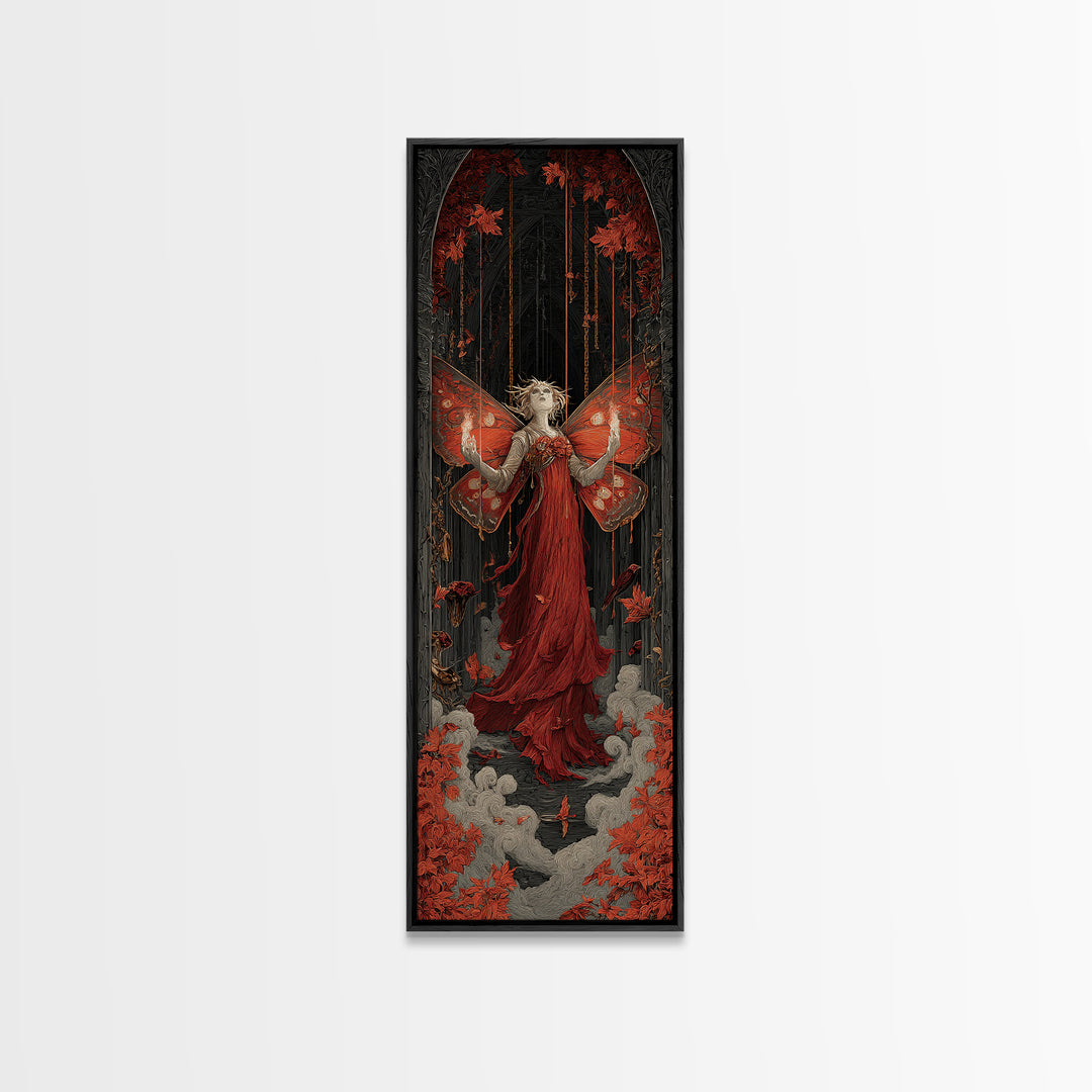 The Velvet Moth Witch, Tall Narrow Wall Art, Macabre Wall Art, Framed Canvas Print, Halloween Wall Decor, Gothic Home Decor