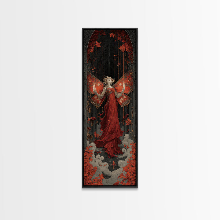 The Velvet Moth Witch, Tall Narrow Wall Art, Macabre Wall Art, Framed Canvas Print, Halloween Wall Decor, Gothic Home Decor