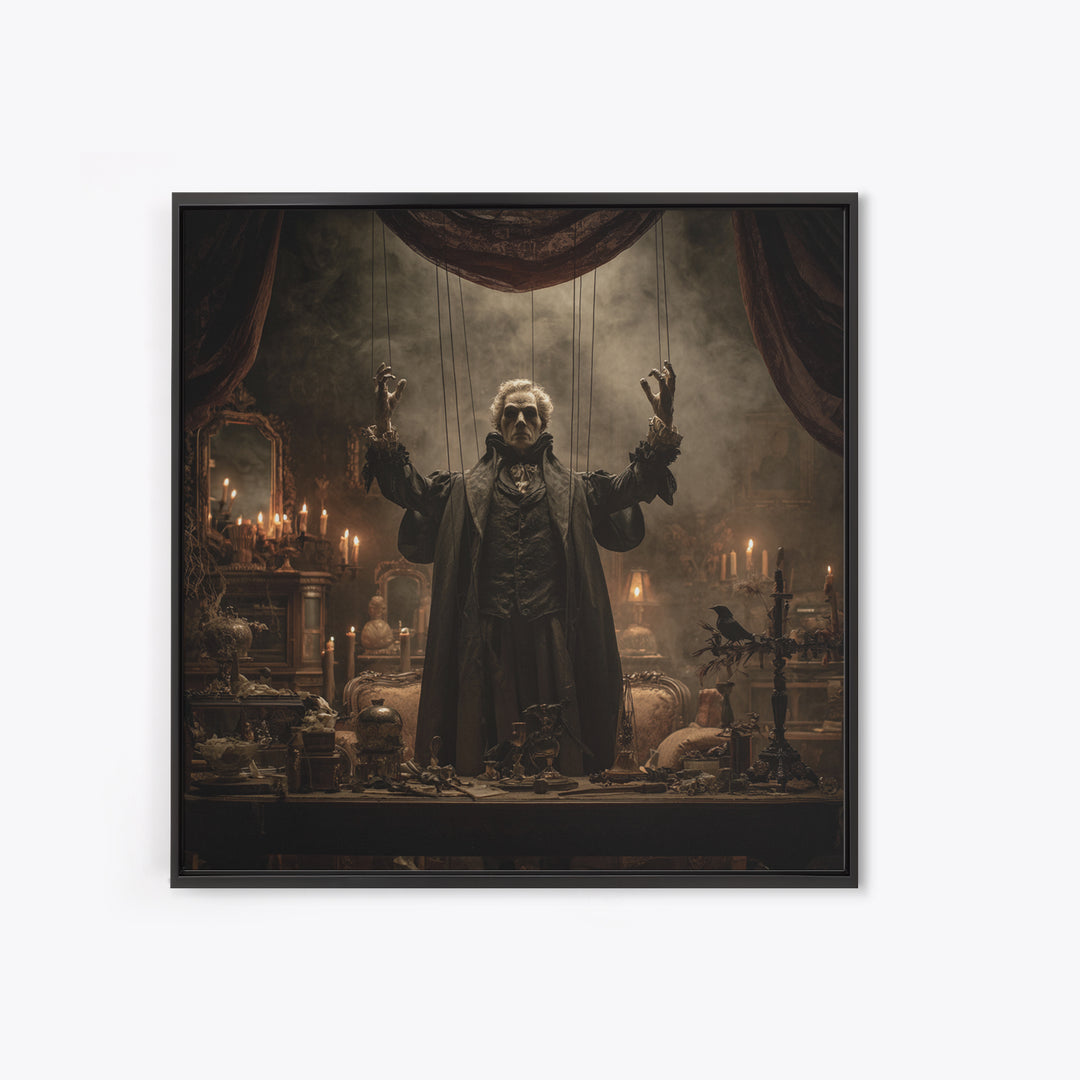 The Marionette Master, Square Wall Art, Macabre Wall Art, Framed Canvas Print, Halloween Wall Decor, Gothic Home Decor, Seasonal Home Decor