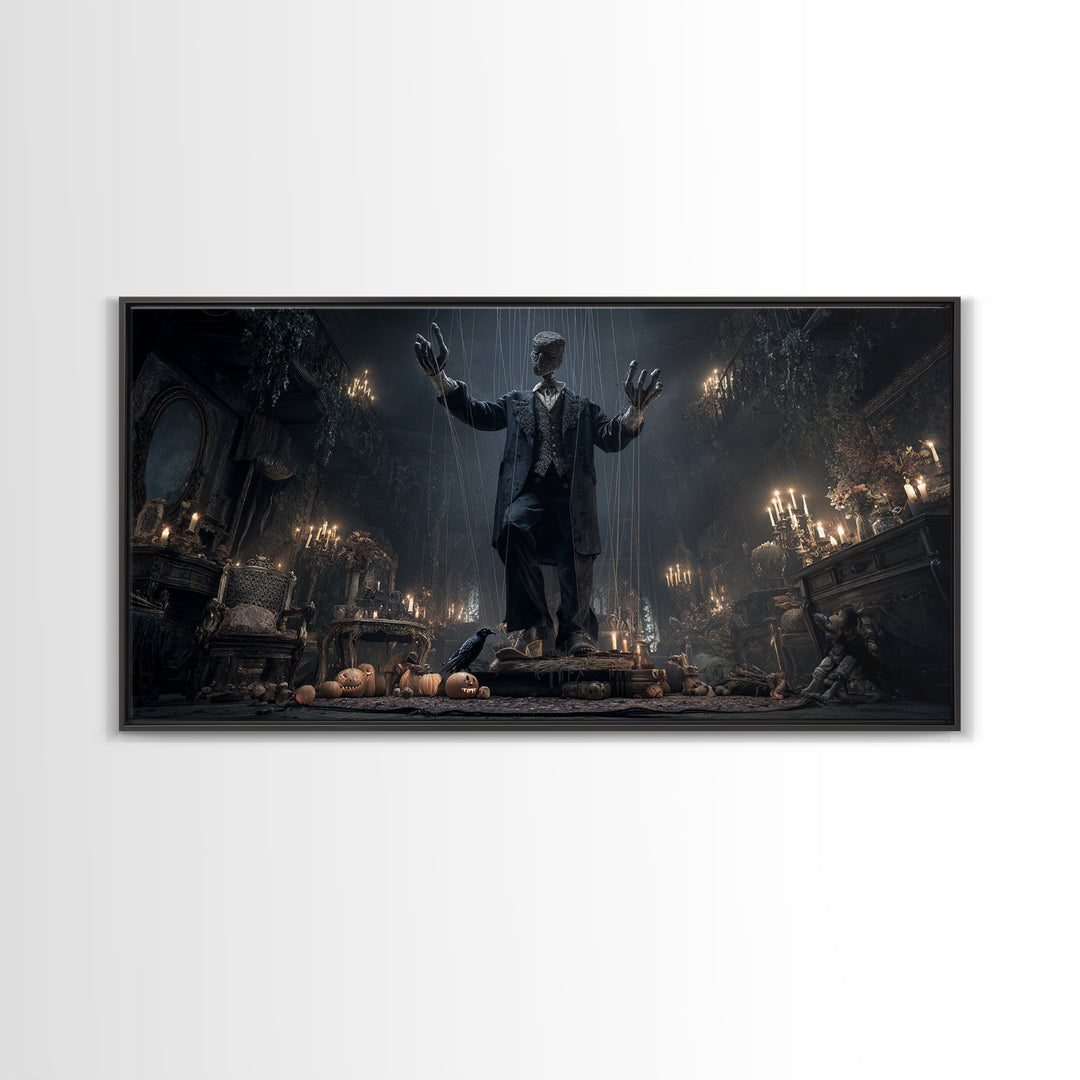 The Marionette Master, Wide Panoramic Art, Macabre Wall Art, Framed Canvas Print, Halloween Wall Decor, Gothic Home Decor, Spooky Wall Decor
