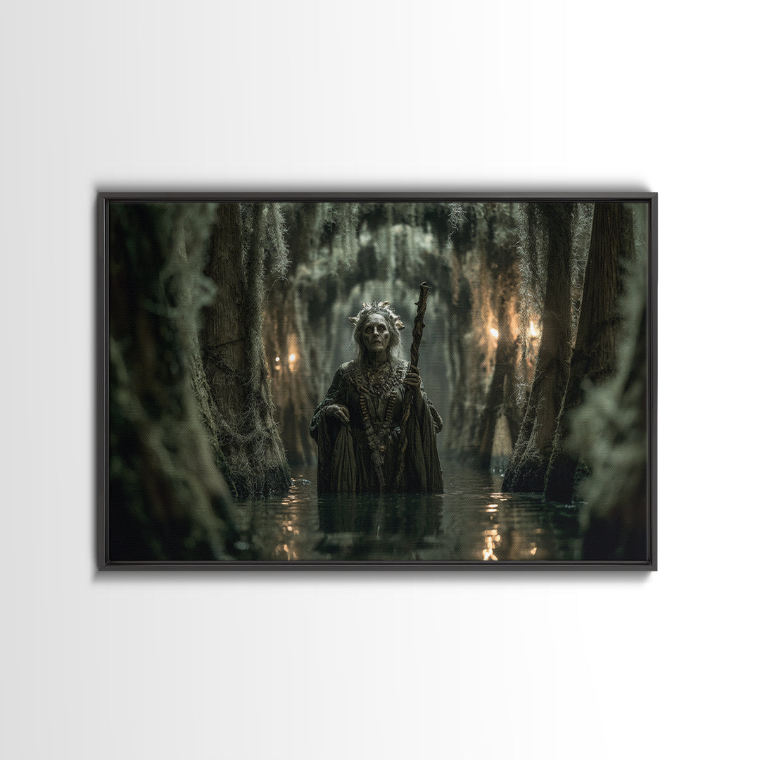 The Swamp Witch, Landscape Wall Art, Gothic Horror Wall Art, Framed Canvas Print, Halloween Wall Decor, Gothic Home Decor