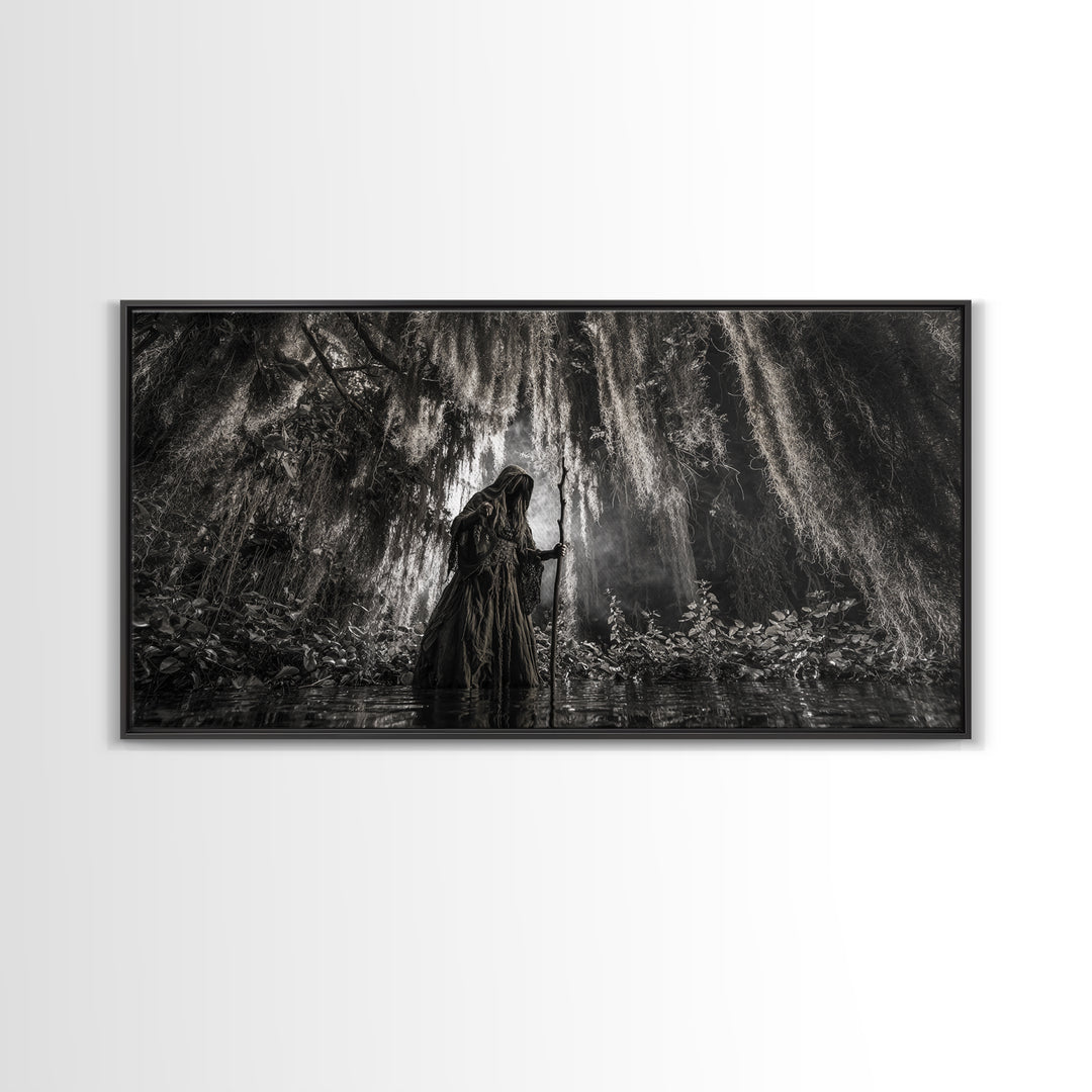 The Swamp Witch, Wide Panoramic Art, Gothic Horror Wall Art, Framed Canvas Print, Halloween Wall Decor, Gothic Home Decor