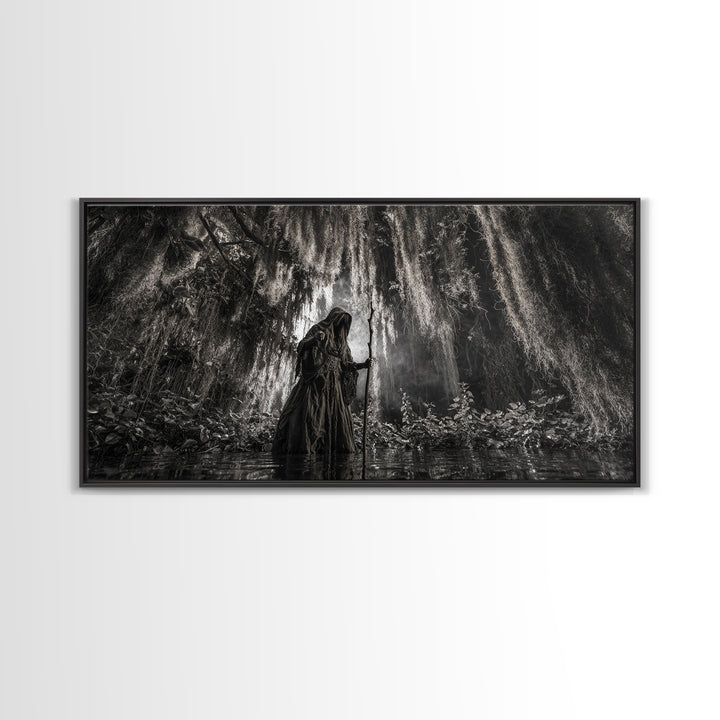 The Swamp Witch, Wide Panoramic Art, Gothic Horror Wall Art, Framed Canvas Print, Halloween Wall Decor, Gothic Home Decor