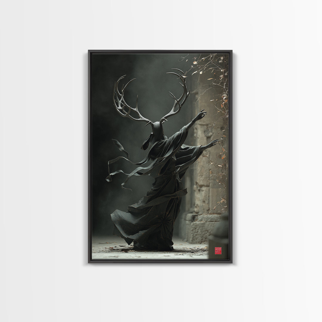 The Antlered Forest Spirit, Vertical Wall Art, Macabre Wall Art, Framed Canvas Print, Halloween Wall Decor, Gothic Home Decor