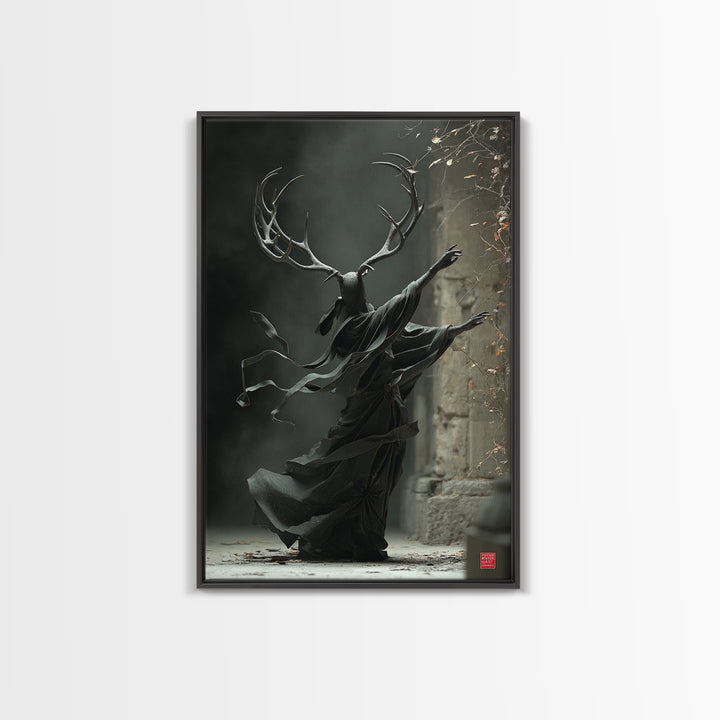 The Antlered Forest Spirit, Vertical Wall Art, Macabre Wall Art, Framed Canvas Print, Halloween Wall Decor, Gothic Home Decor