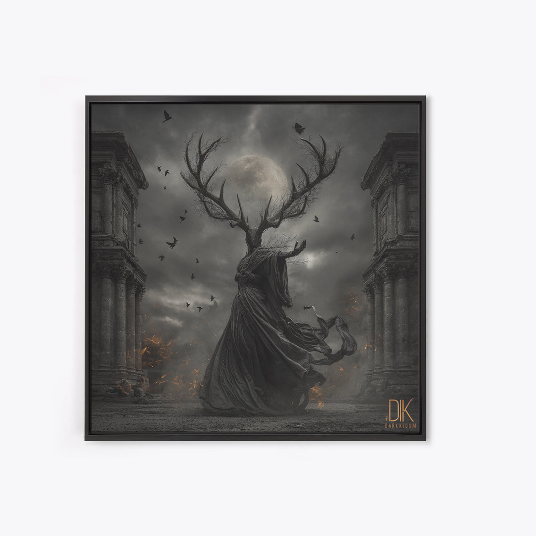 The Antlered Forest Spirit, Square Wall Art, Haunted Gothic Art, Framed Canvas Print, Halloween Wall Decor, Gothic Home Decor