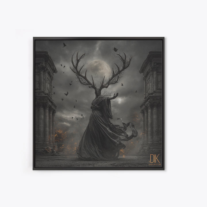 The Antlered Forest Spirit, Square Wall Art, Haunted Gothic Art, Framed Canvas Print, Halloween Wall Decor, Gothic Home Decor