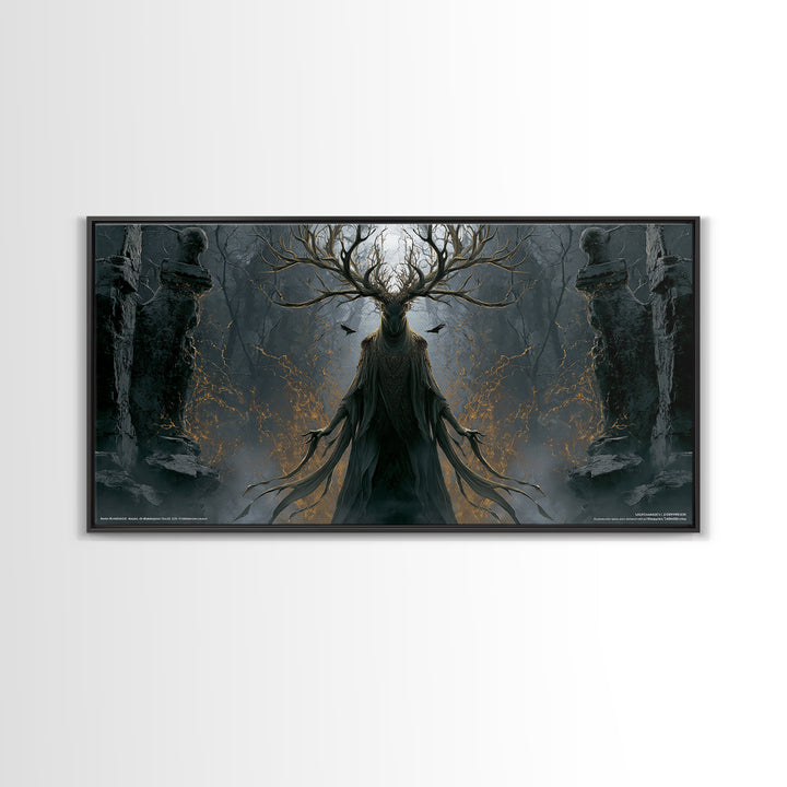 The Antlered Forest Spirit, Wide Panoramic Art, Gothic Horror Wall Art, Framed Canvas Print, Halloween Wall Decor, Gothic Home Decor