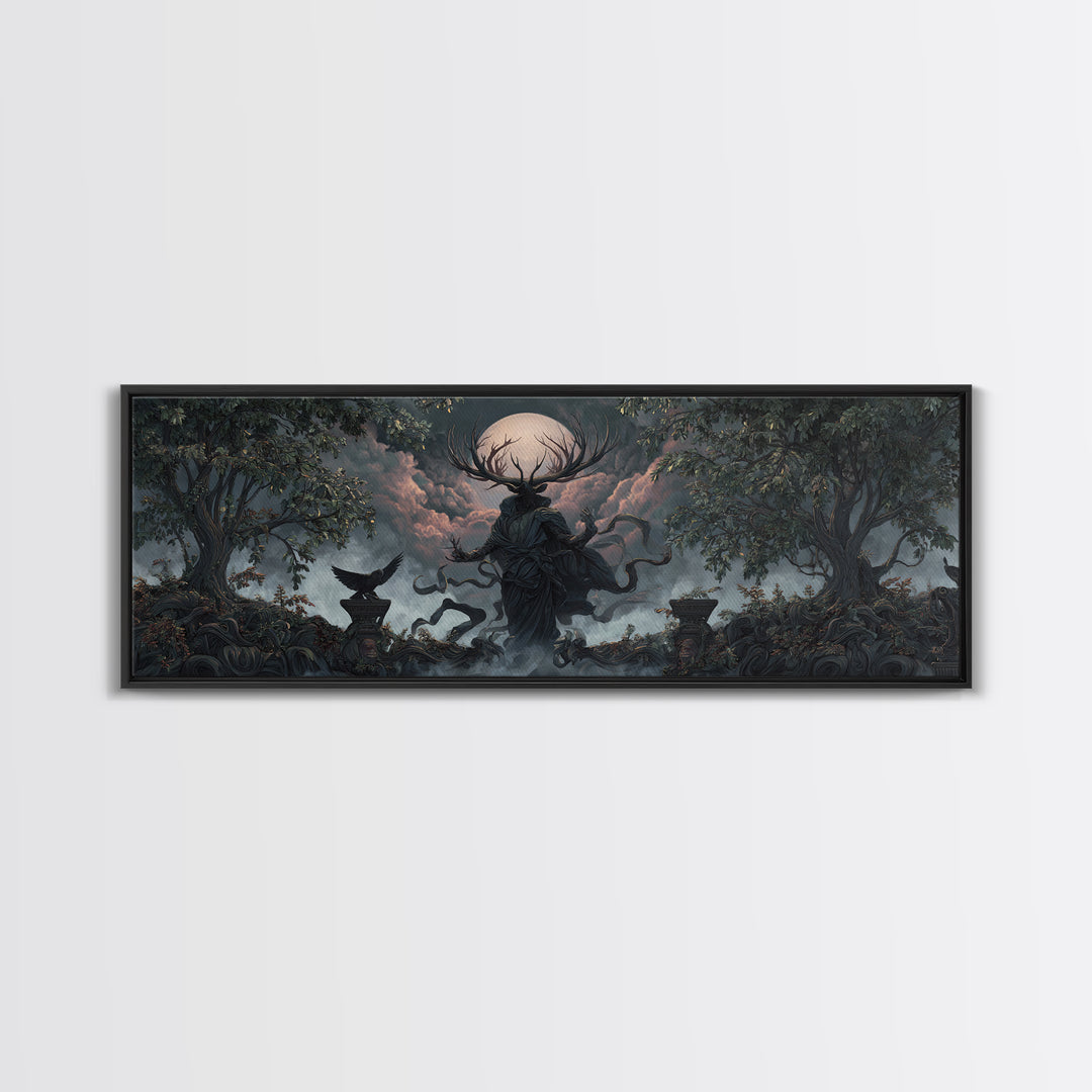 The Antlered Forest Spirit, Extra Wide Wall Art, Dark Fantasy Wall Art, Canvas Print, Halloween Wall Decor, Gothic Home Decor