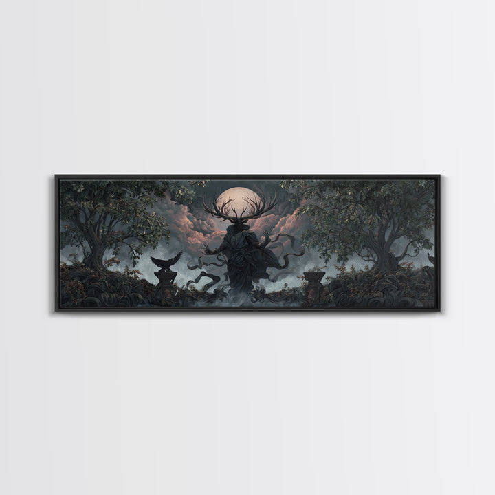 The Antlered Forest Spirit, Extra Wide Wall Art, Dark Fantasy Wall Art, Canvas Print, Halloween Wall Decor, Gothic Home Decor