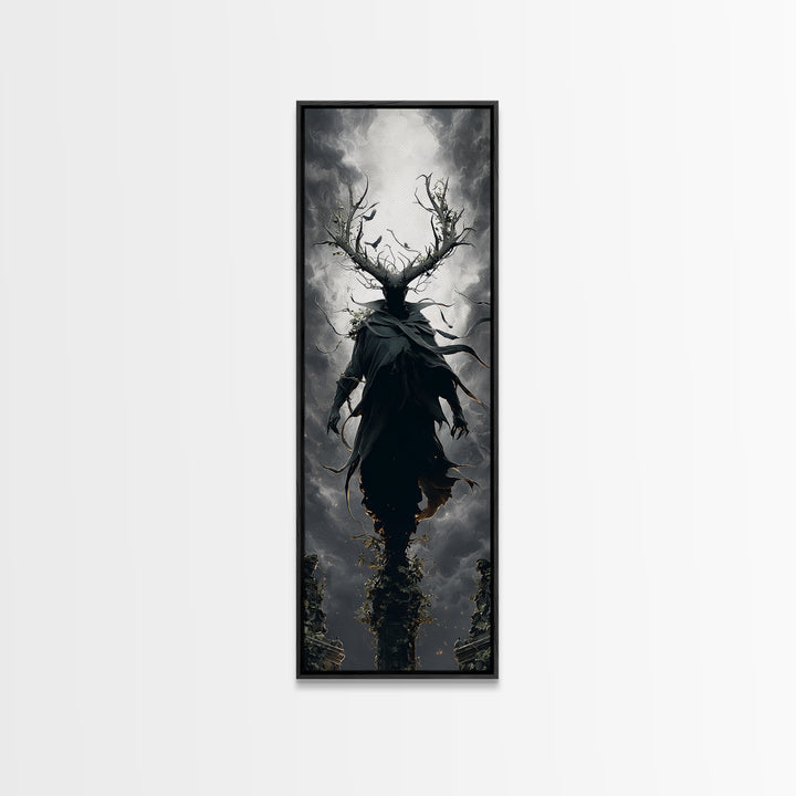 The Antlered Forest Spirit, Tall Narrow Wall Art, Macabre Wall Art, Framed Canvas Print, Halloween Wall Decor, Gothic Home Decor