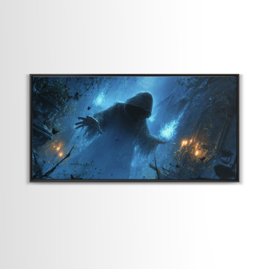The Will-O'-The-Wisp Shepherd, Wide Panoramic Art, Gothic Horror Wall Art, Framed Canvas Print, Halloween Wall Decor, Gothic Home Decor