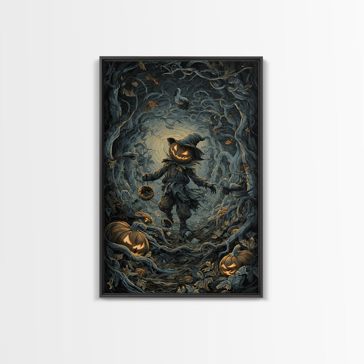 The Pumpkin Patch Goblin, Vertical Wall Art, Macabre Wall Art, Framed Canvas Print, Halloween Wall Decor, Gothic Home Decor