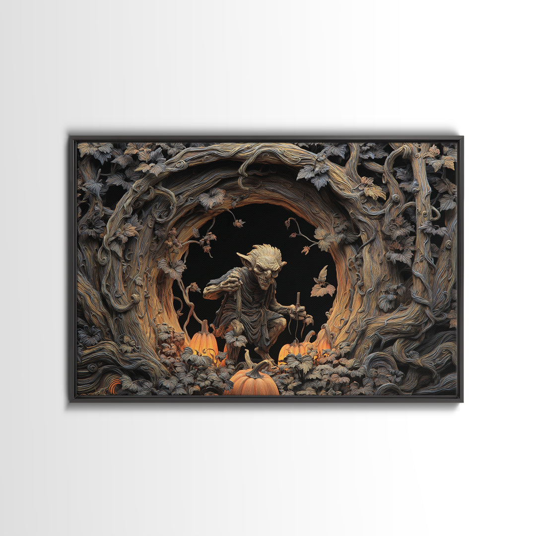 The Pumpkin Patch Goblin, Landscape Wall Art, Dark Halloween Decor, Canvas Print, Halloween Wall Decor, Gothic Home Decor