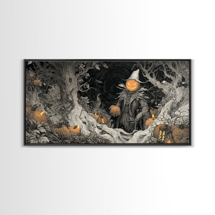 The Pumpkin Patch Goblin, Wide Panoramic Art, Spooky Home Decor, Canvas Print, Halloween Wall Decor, Gothic Home Decor, Spooky Wall Decor