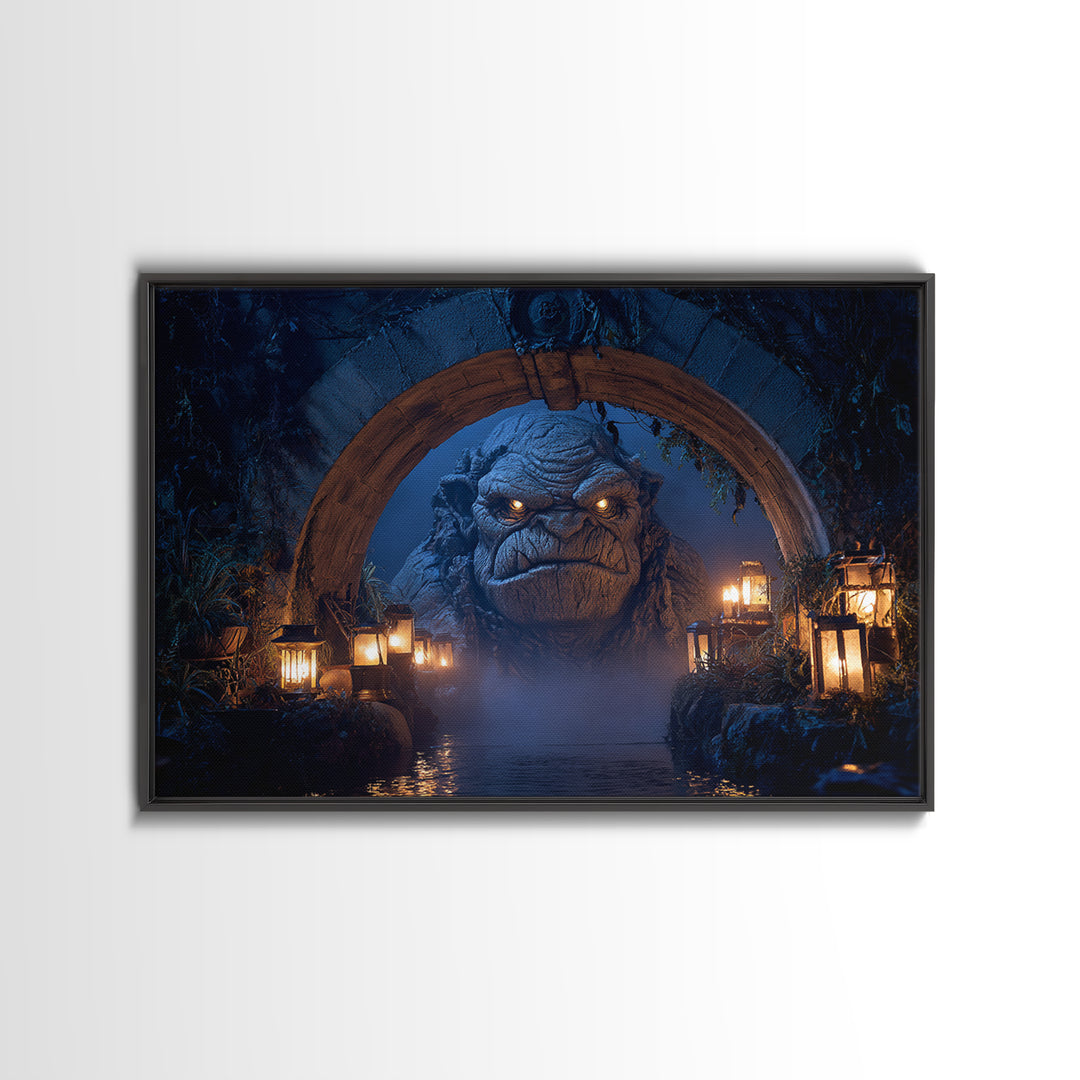 The Bridge Troll At Midnight, Landscape Wall Art, Gothic Horror Wall Art, Framed Canvas Print, Halloween Wall Decor, Gothic Home Decor
