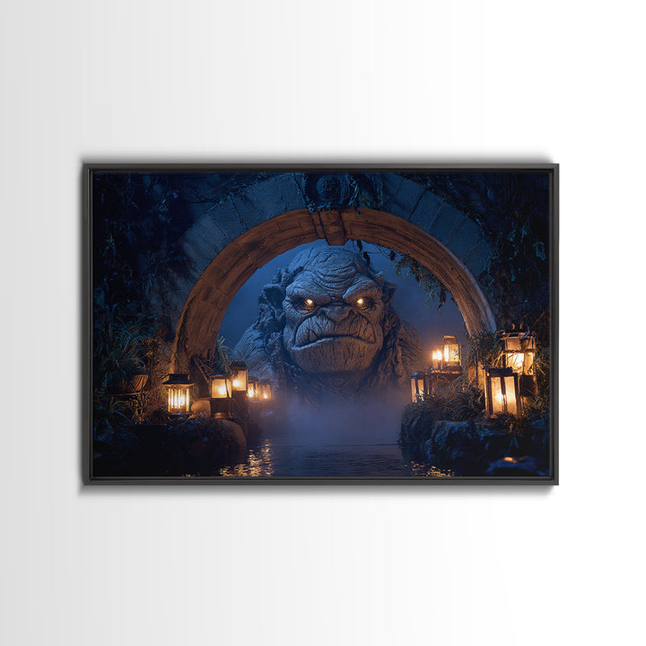 The Bridge Troll At Midnight, Landscape Wall Art, Gothic Horror Wall Art, Framed Canvas Print, Halloween Wall Decor, Gothic Home Decor