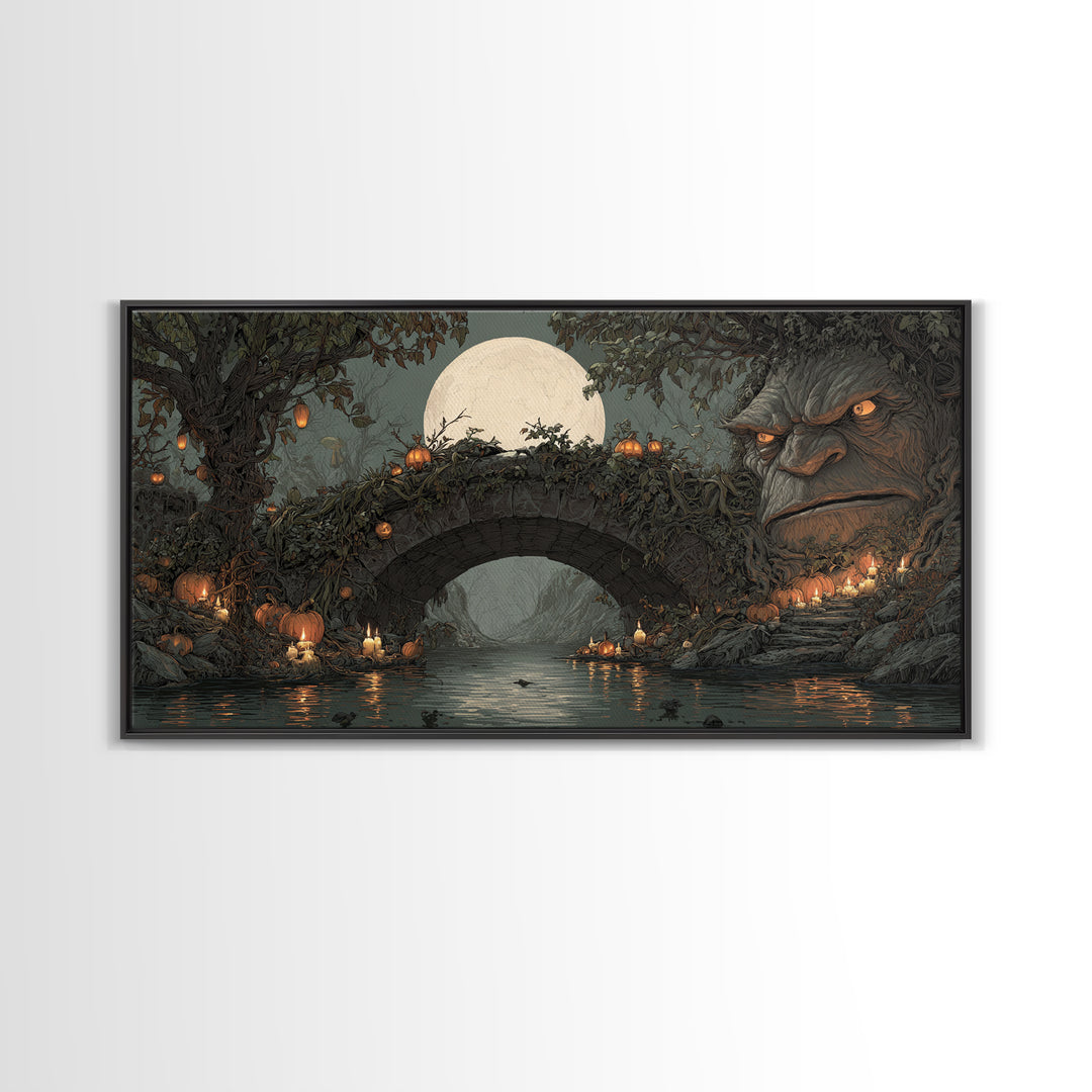 The Bridge Troll At Midnight, Wide Panoramic Art, Dark Fantasy Wall Art, Canvas Print, Halloween Wall Decor, Gothic Home Decor