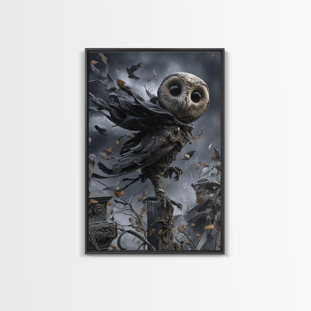 The Owl-Faced Omen, Vertical Wall Art, Spooky Home Decor, Canvas Print, Halloween Wall Decor, Gothic Home Decor, Macabre Wall Art