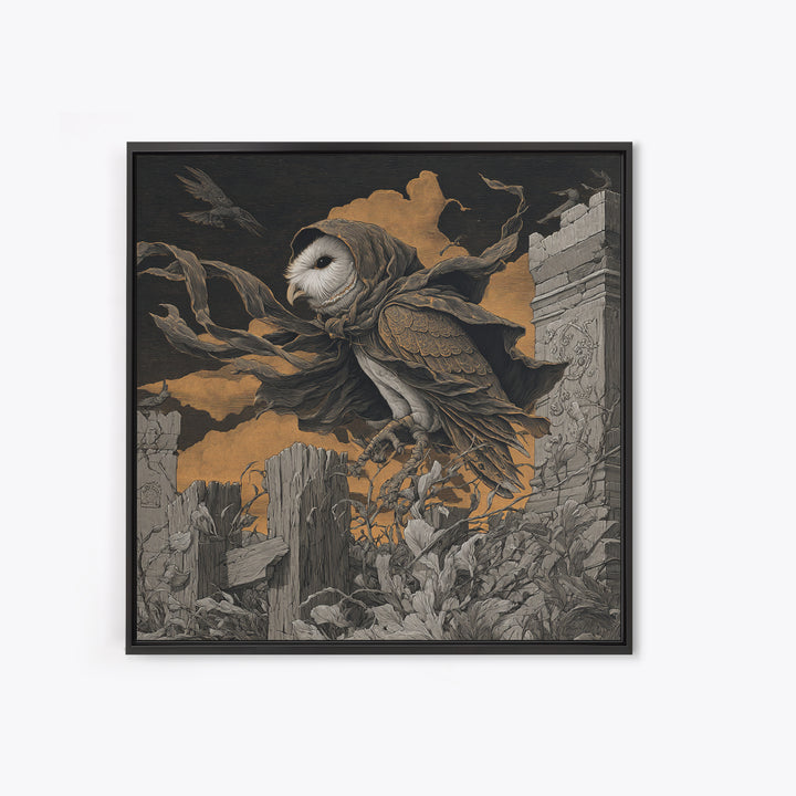 The Owl-Faced Omen, Square Wall Art, Gothic Horror Wall Art, Framed Canvas Print, Halloween Wall Decor, Gothic Home Decor, Spooky Wall Decor