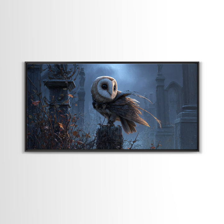 The Owl-Faced Omen, Wide Panoramic Art, Gothic Horror Wall Art, Framed Canvas Print, Halloween Wall Decor, Gothic Home Decor