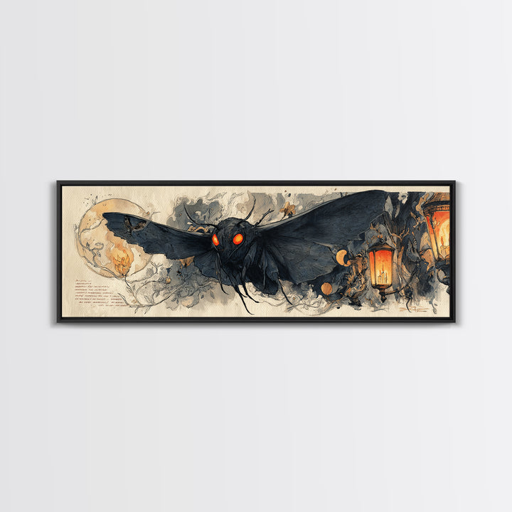 The Red-Eyed Moth Creature, Extra Wide Wall Art, Macabre Wall Art, Framed Canvas Print, Halloween Wall Decor, Gothic Home Decor