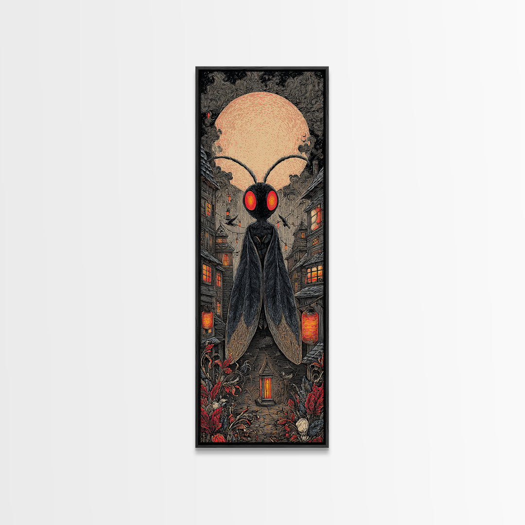 The Red-Eyed Moth Creature, Tall Narrow Wall Art, Spooky Home Decor, Canvas Print, Halloween Wall Decor, Gothic Home Decor