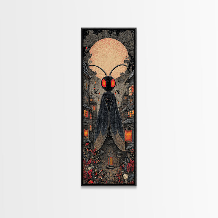 The Red-Eyed Moth Creature, Tall Narrow Wall Art, Spooky Home Decor, Canvas Print, Halloween Wall Decor, Gothic Home Decor