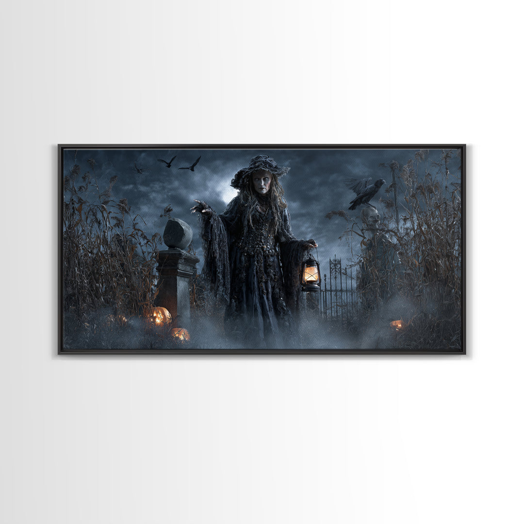 The Salt-Marsh Witch, Wide Panoramic Art, Haunted Gothic Art, Framed Canvas Print, Halloween Wall Decor, Gothic Home Decor