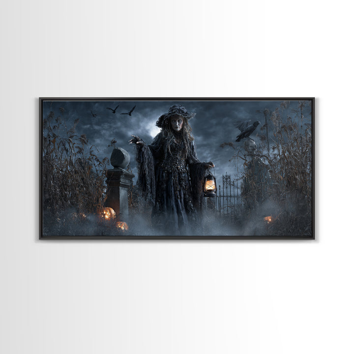 The Salt-Marsh Witch, Wide Panoramic Art, Haunted Gothic Art, Framed Canvas Print, Halloween Wall Decor, Gothic Home Decor