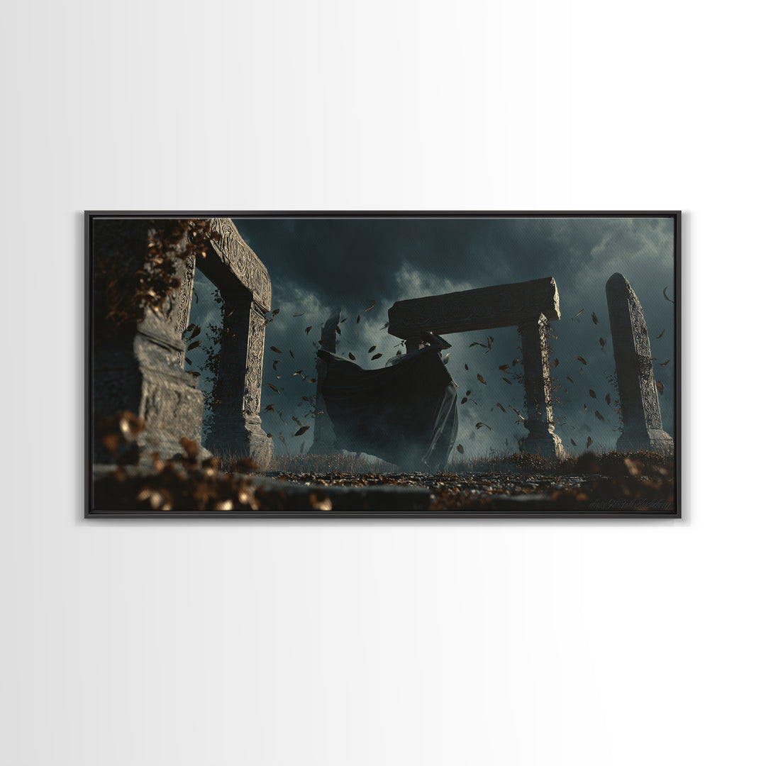 The Stone-Circle Spirit, Wide Panoramic Art, Gothic Horror Wall Art, Framed Canvas Print, Halloween Wall Decor, Gothic Home Decor