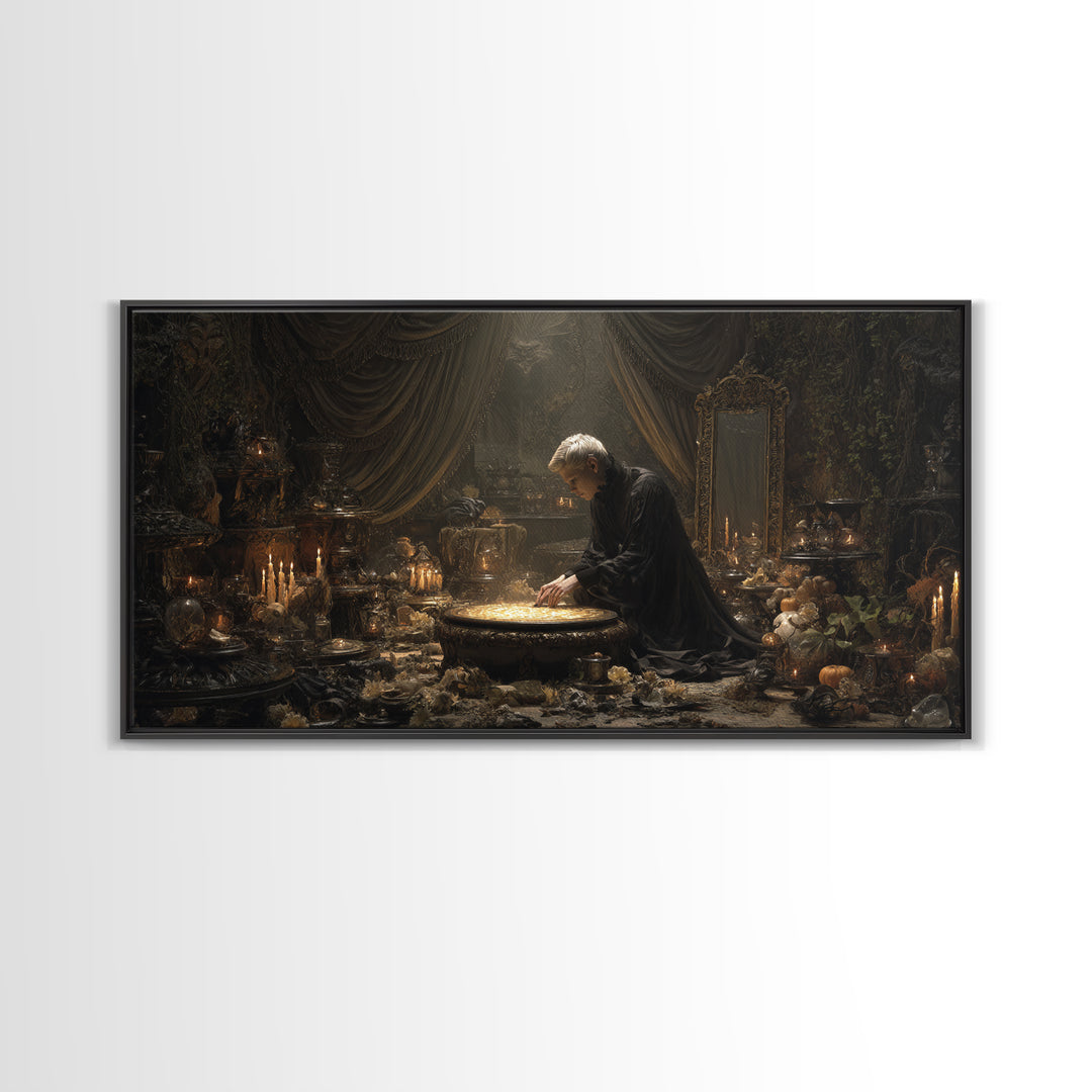 The Cave Oracle, Wide Panoramic Art, Haunted Gothic Art, Framed Canvas Print, Halloween Wall Decor, Gothic Home Decor