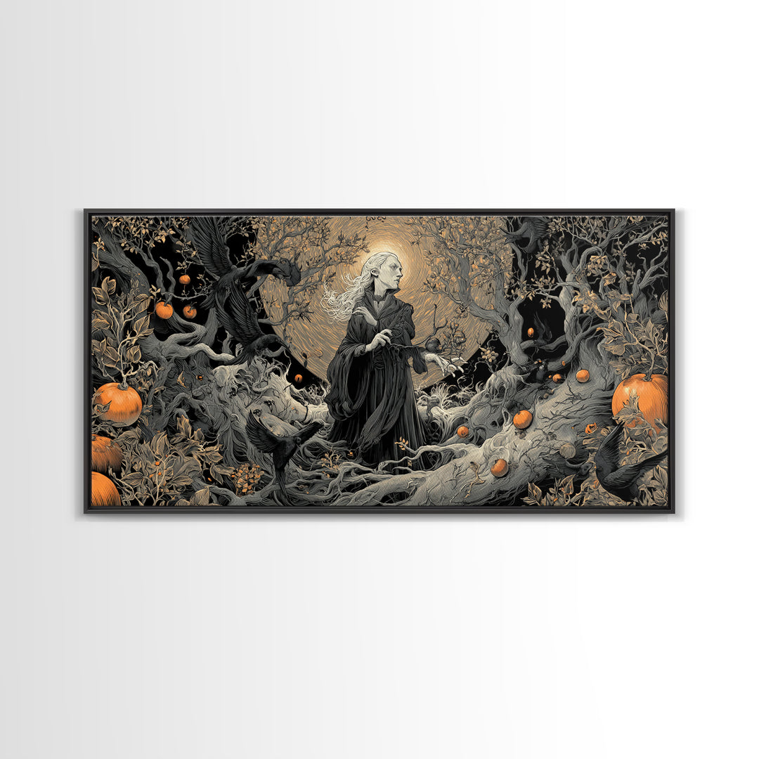 The Orchard Hag, Wide Panoramic Art, Gothic Horror Wall Art, Framed Canvas Print, Halloween Wall Decor, Gothic Home Decor