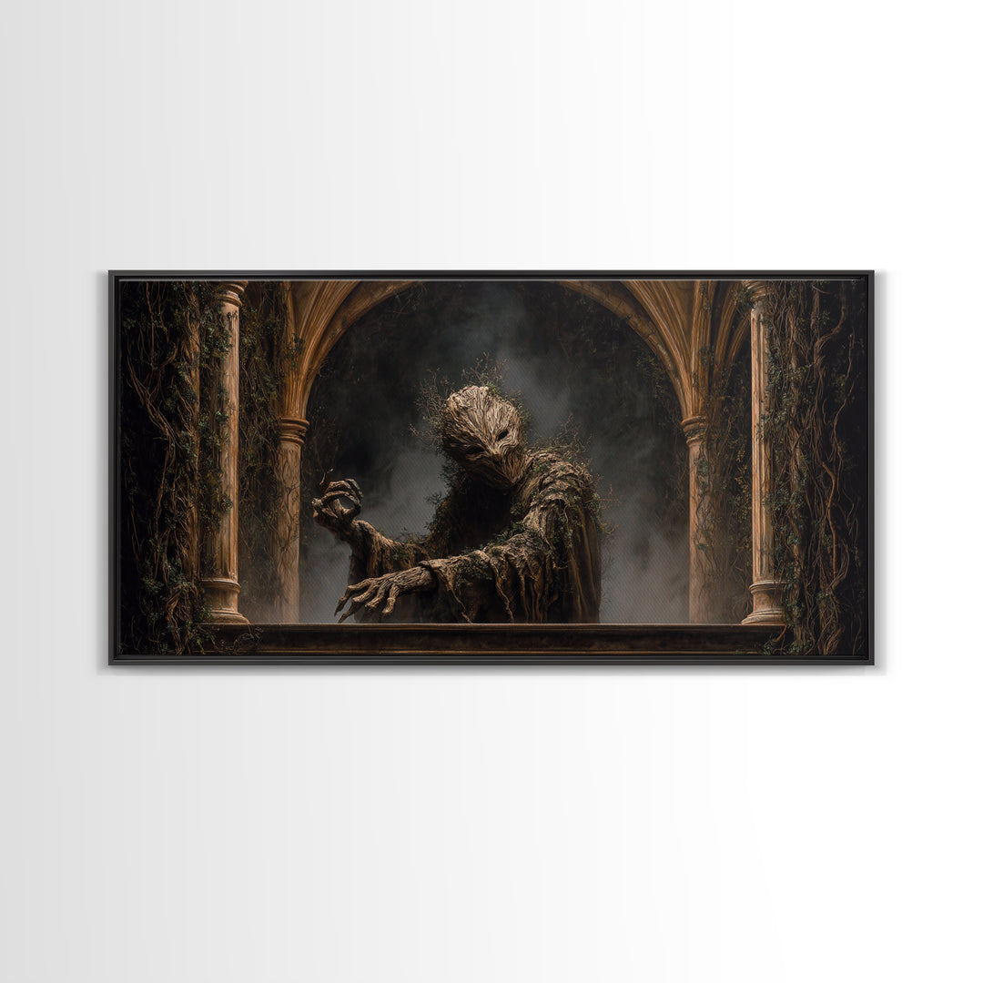 The Hollow-Tree Monster, Wide Panoramic Art, Macabre Wall Art, Framed Canvas Print, Halloween Wall Decor, Gothic Home Decor