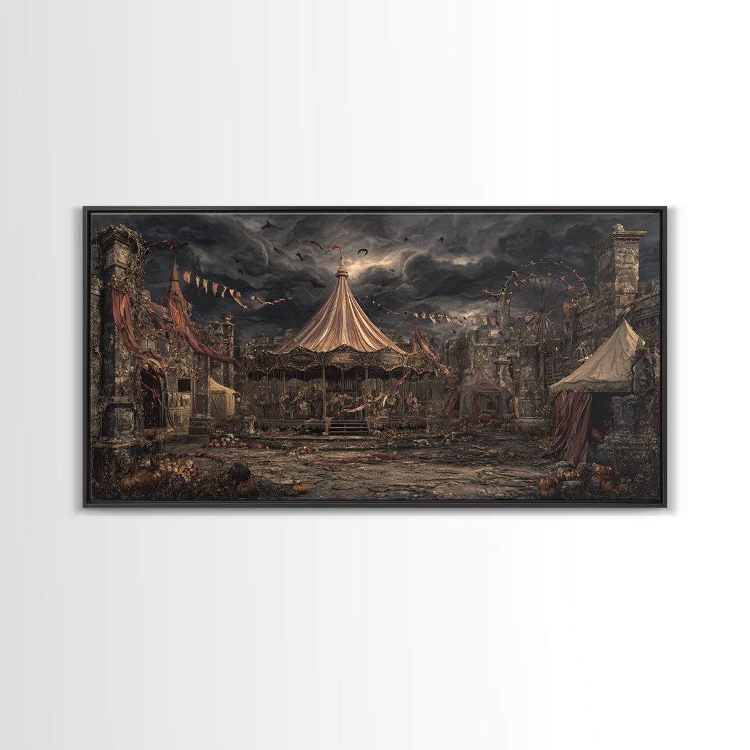 The Abandoned Carnival, Wide Panoramic Art, Macabre Wall Art, Framed Canvas Print, Halloween Wall Decor, Gothic Home Decor, Horror Wall Art