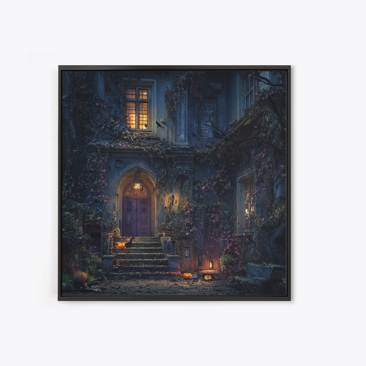 The Haunted Manor, Square Wall Art, Macabre Wall Art, Framed Canvas Print, Halloween Wall Decor, Gothic Home Decor, Collectible Wall Decor