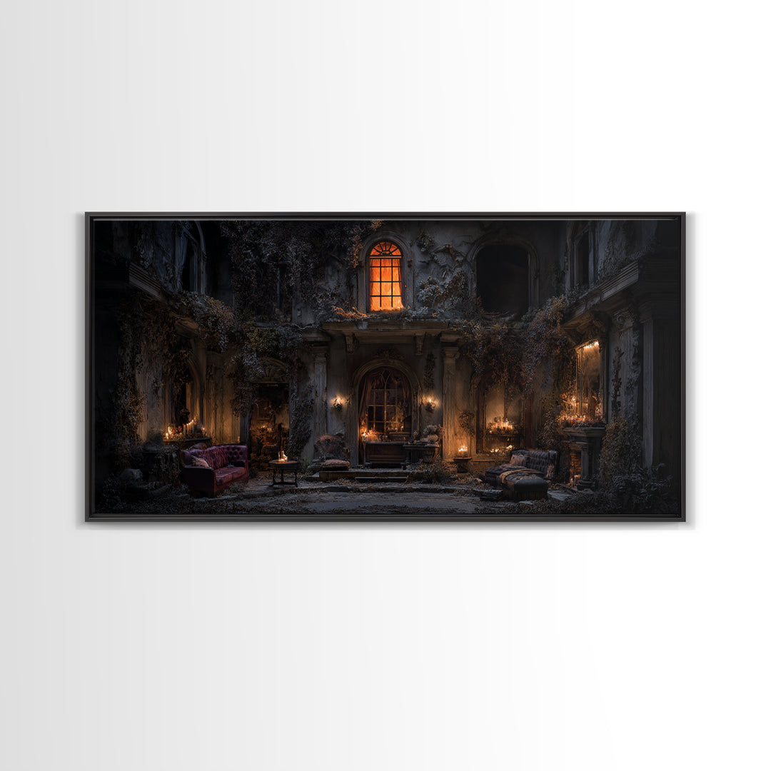 The Haunted Manor, Wide Panoramic Art, Macabre Wall Art, Framed Canvas Print, Halloween Wall Decor, Gothic Home Decor, Horror Wall Art